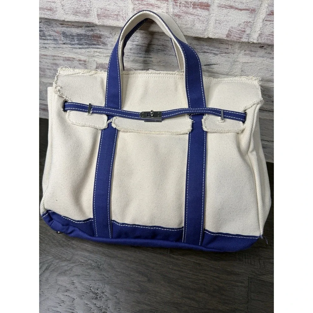 Sunwin Madaket Classic Large Tote Bag Canvas Natural with Blue Trim Silver
